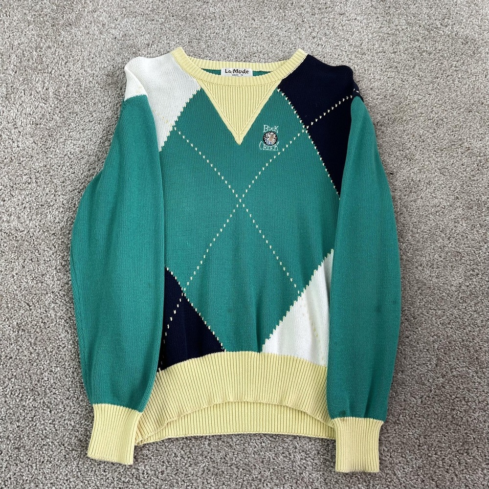 Vintage Golf Sweater Mens Medium Green Cotton Argyle Tight Knit V Neck Pullover
